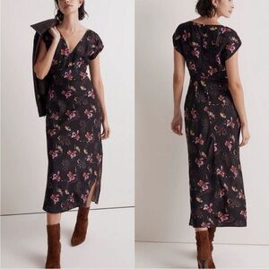 Madewell Floral Wide V-Neck Midi Dress Cap Sleeve Side Slit Black 00 Romantic
